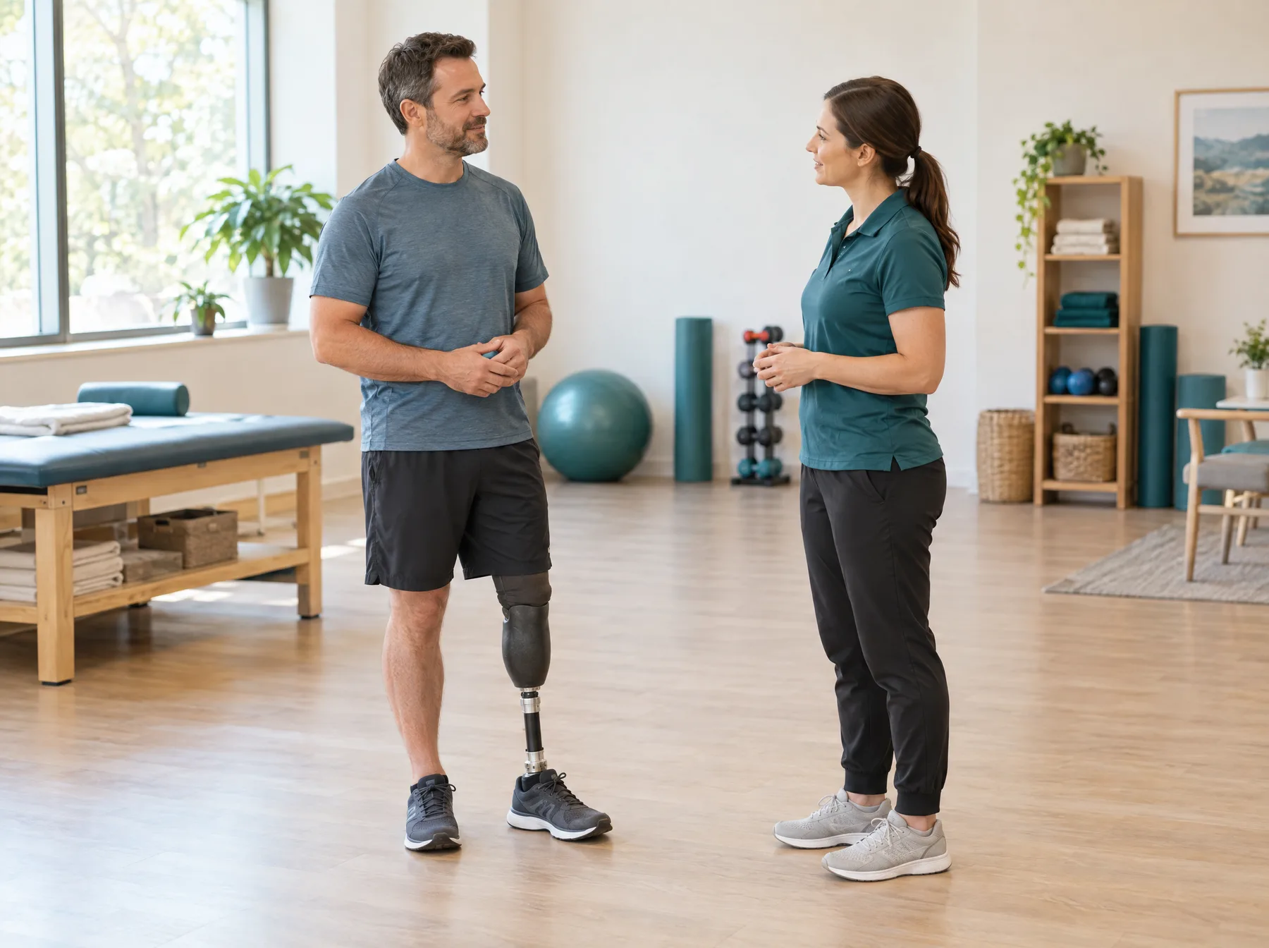 An adult with a lower-leg prosthesis talks with a physical therapist (illustrative image)
