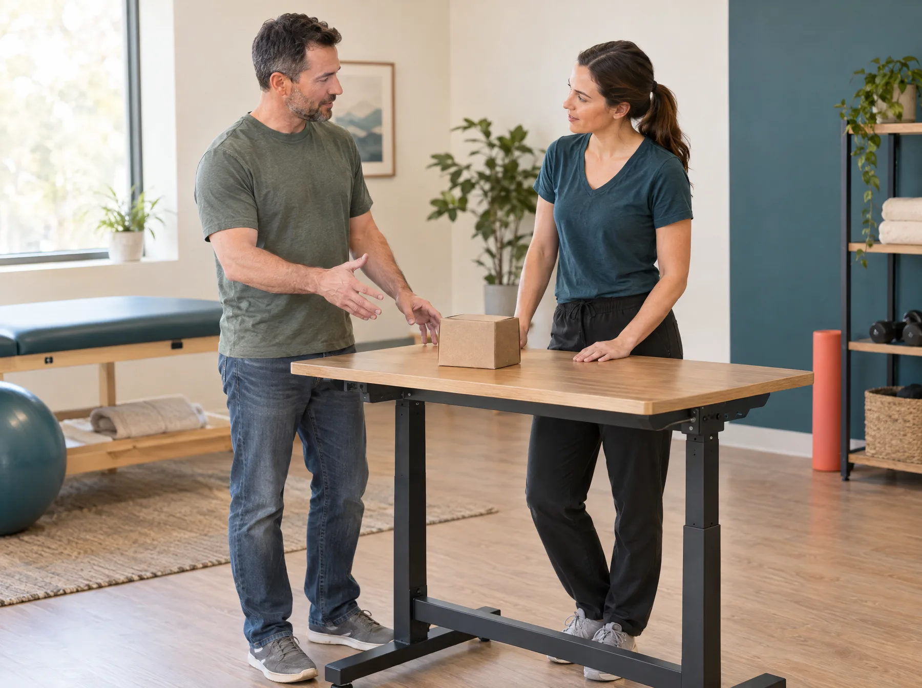 A patient and therapist discuss everyday work movements beside a table (illustrative image)